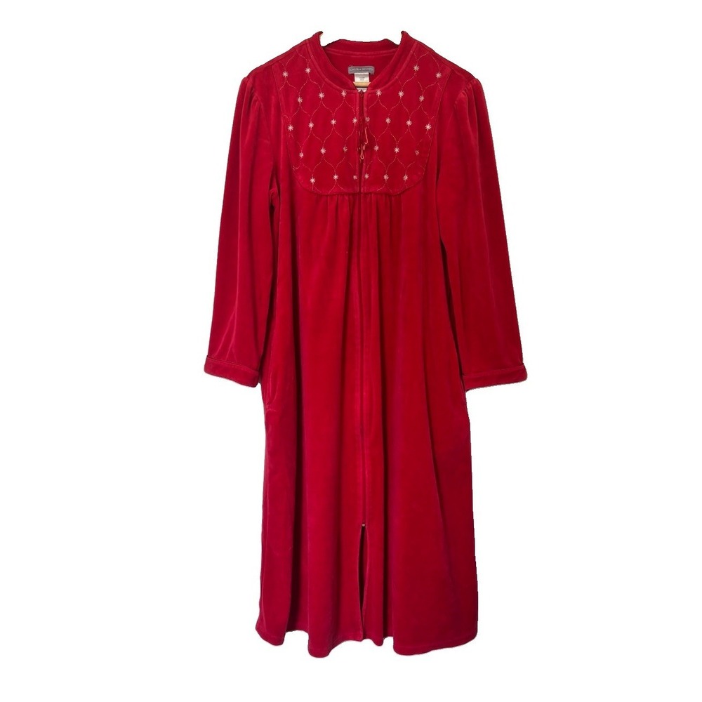 Laura Scott Vintage Housecoat Velour Full Zip Robe Embroidered Women's Sz M Red